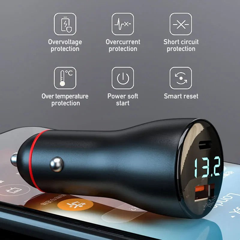 P5C Type-C+USB Dual Port Digital Display PD 65W Fast Charger for 12V-24V Cars P5C Type-C+USB Dual Port Digital Display PD 65W Fast Charger for 12V-24V Cars